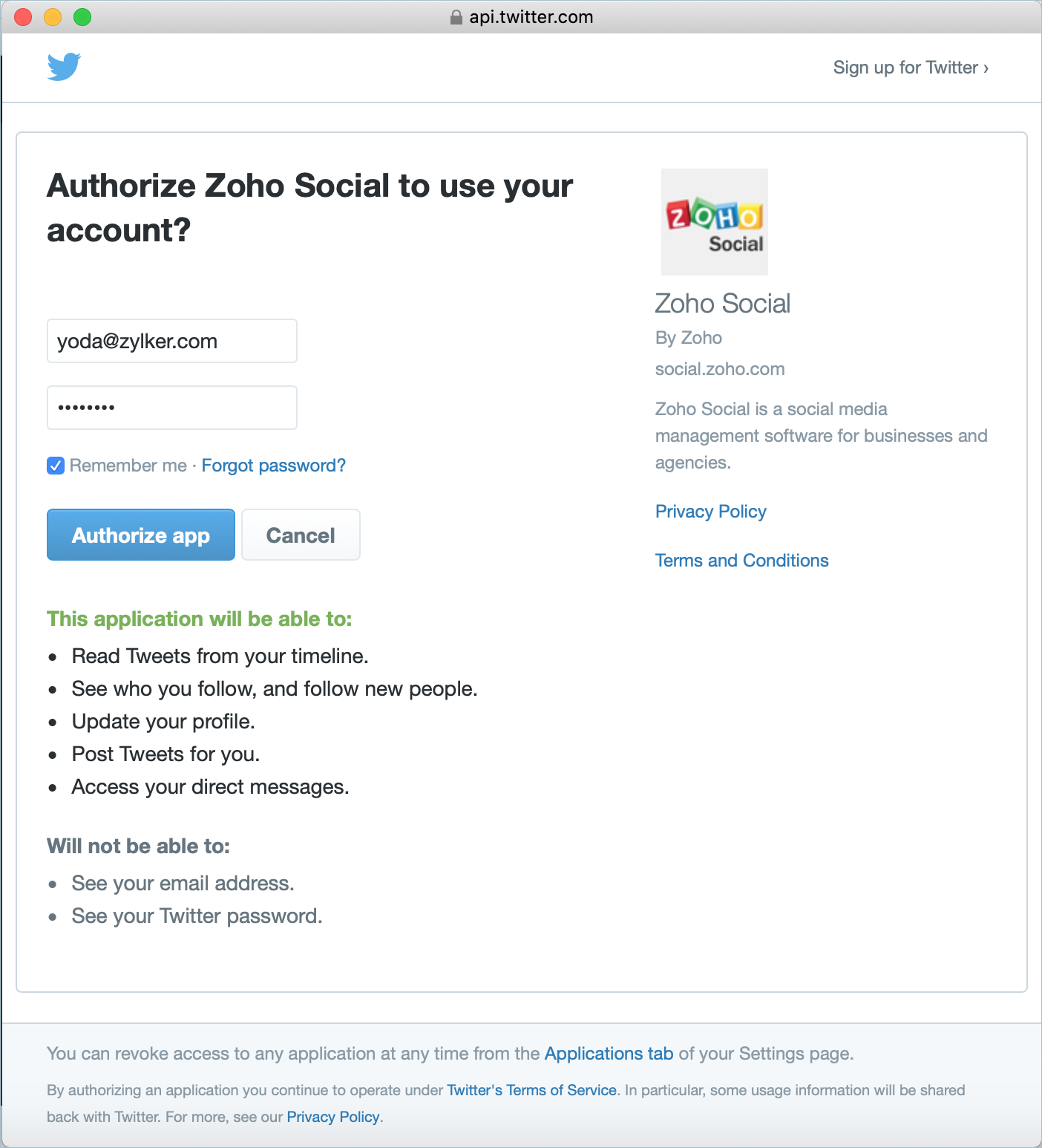 Autorizando acesso do Zoho Desk ao Twitter